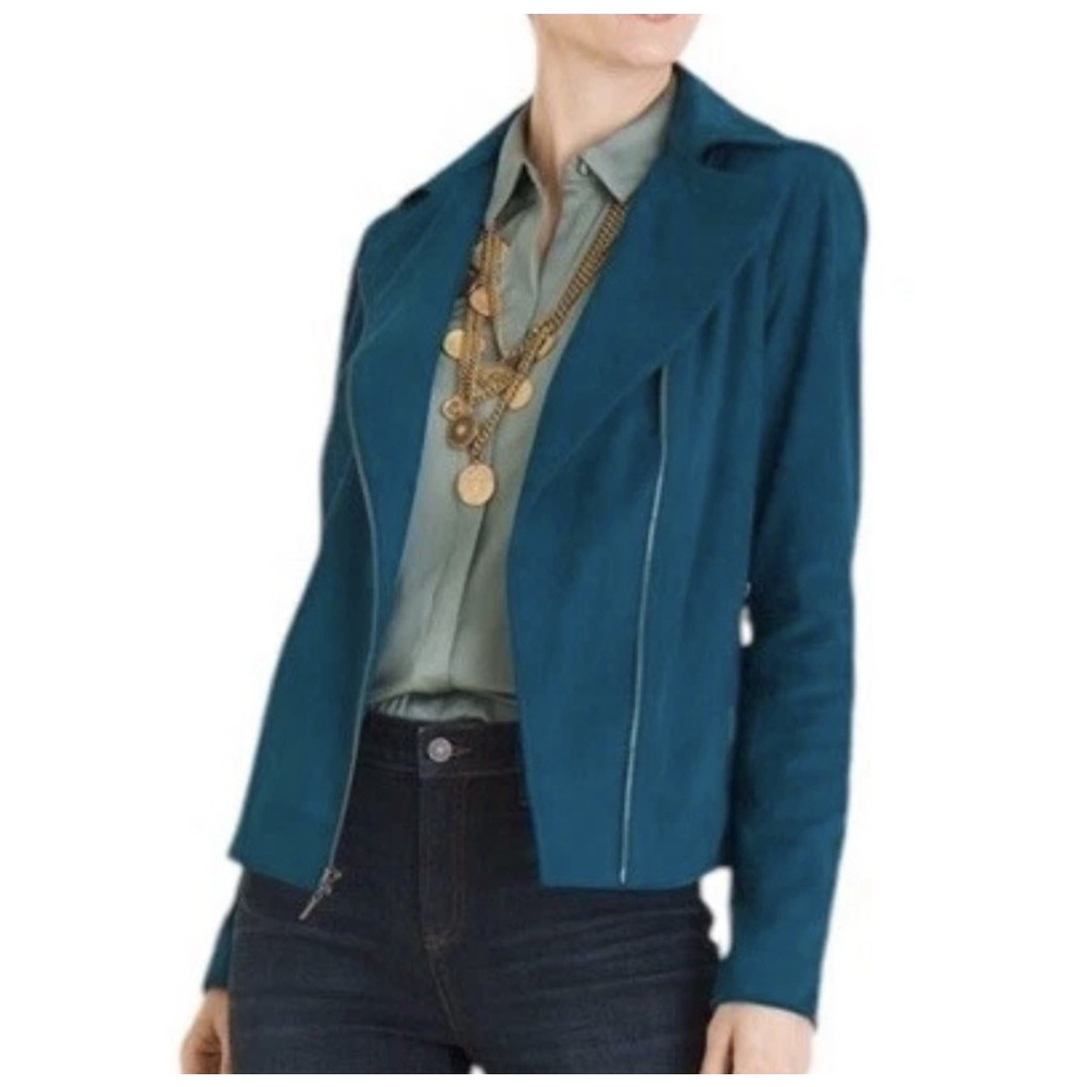 New Chico's Moto Jacket Size:0(S) Faux Suede Asymmetrical Zip Teal Blue